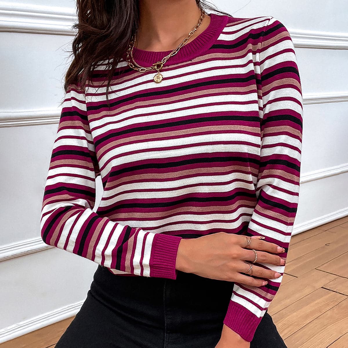 Striped Round Neck Long Sleeve Sweater.