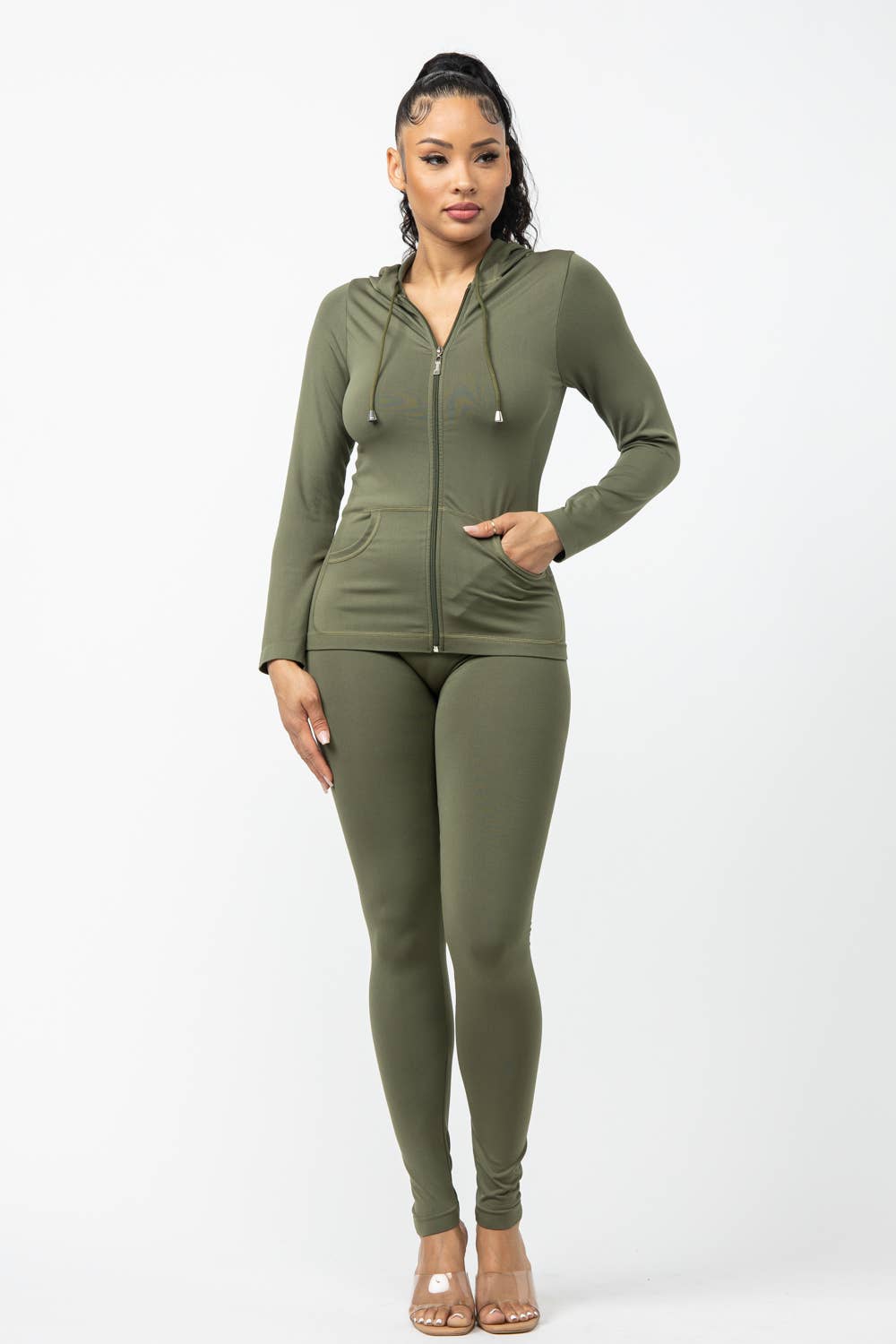 Seamless Zip Up Hoodie Drawstring Jacket With Side Pockets And Leggings Set Coco’s Tee Boutique