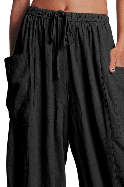 Full Size Pocketed Drawstring Wide Leg Pants.