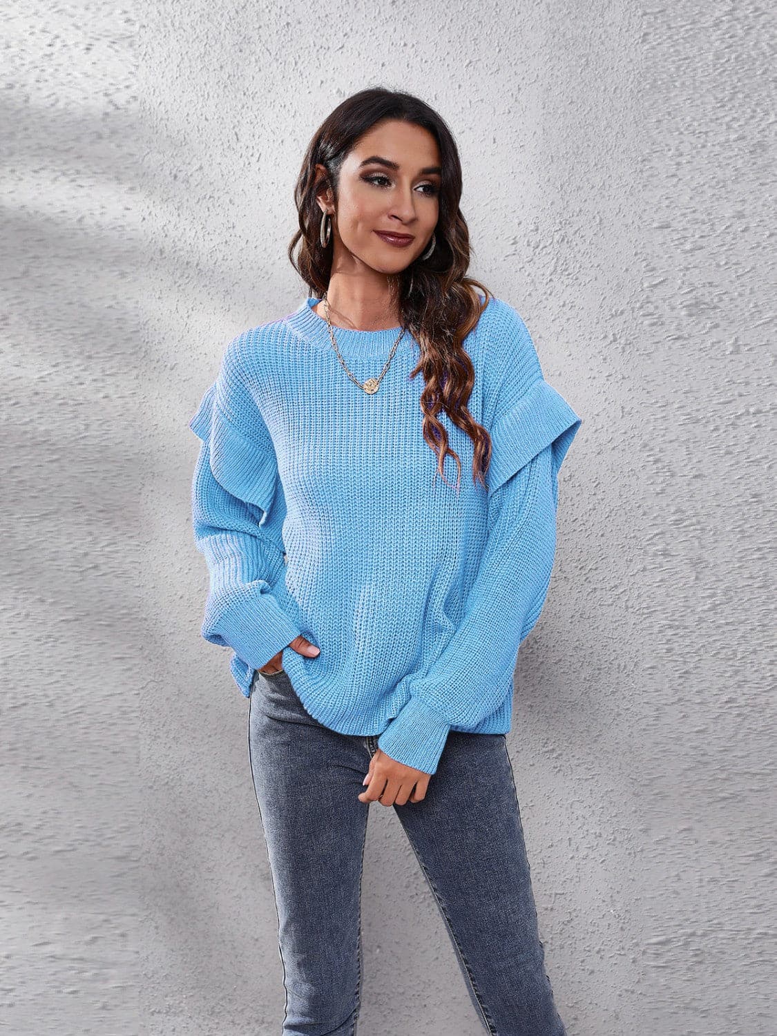 Ruffled Round Neck Dropped Shoulder Sweater.