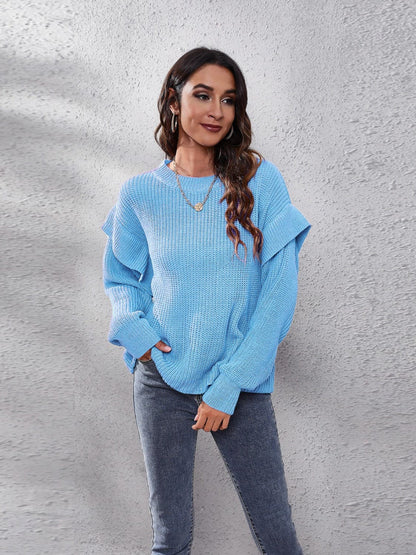 Ruffled Round Neck Dropped Shoulder Sweater.