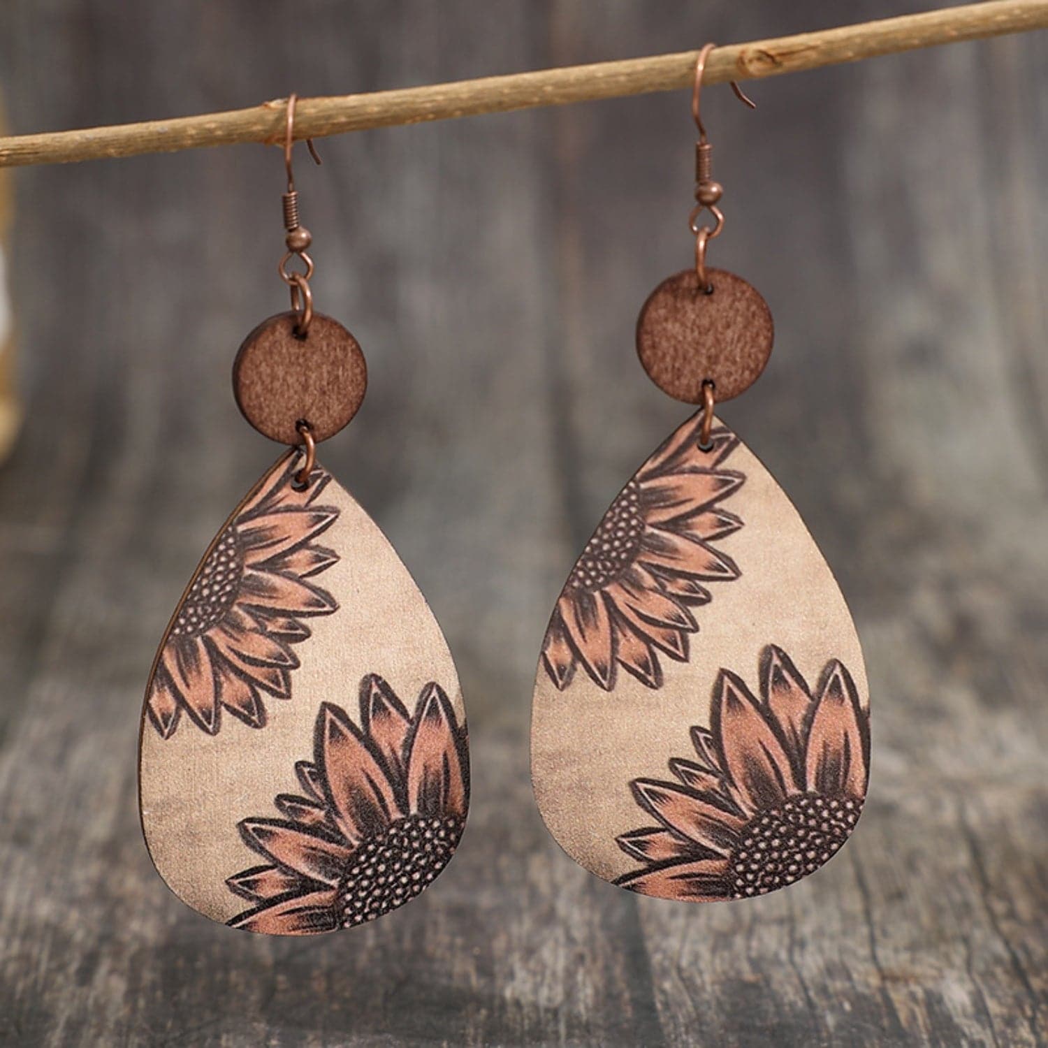 Wooden Iron Hook Dangle Earrings.