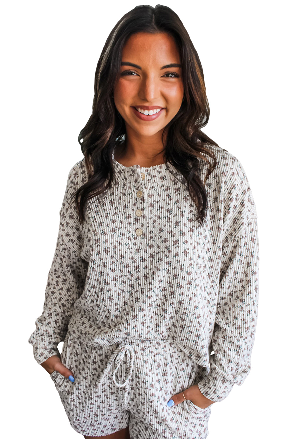 White Spiral Ribbed Floral Print Long Sleeve Henley Top Drawstring Short Set Dear-Lover Dropshipping