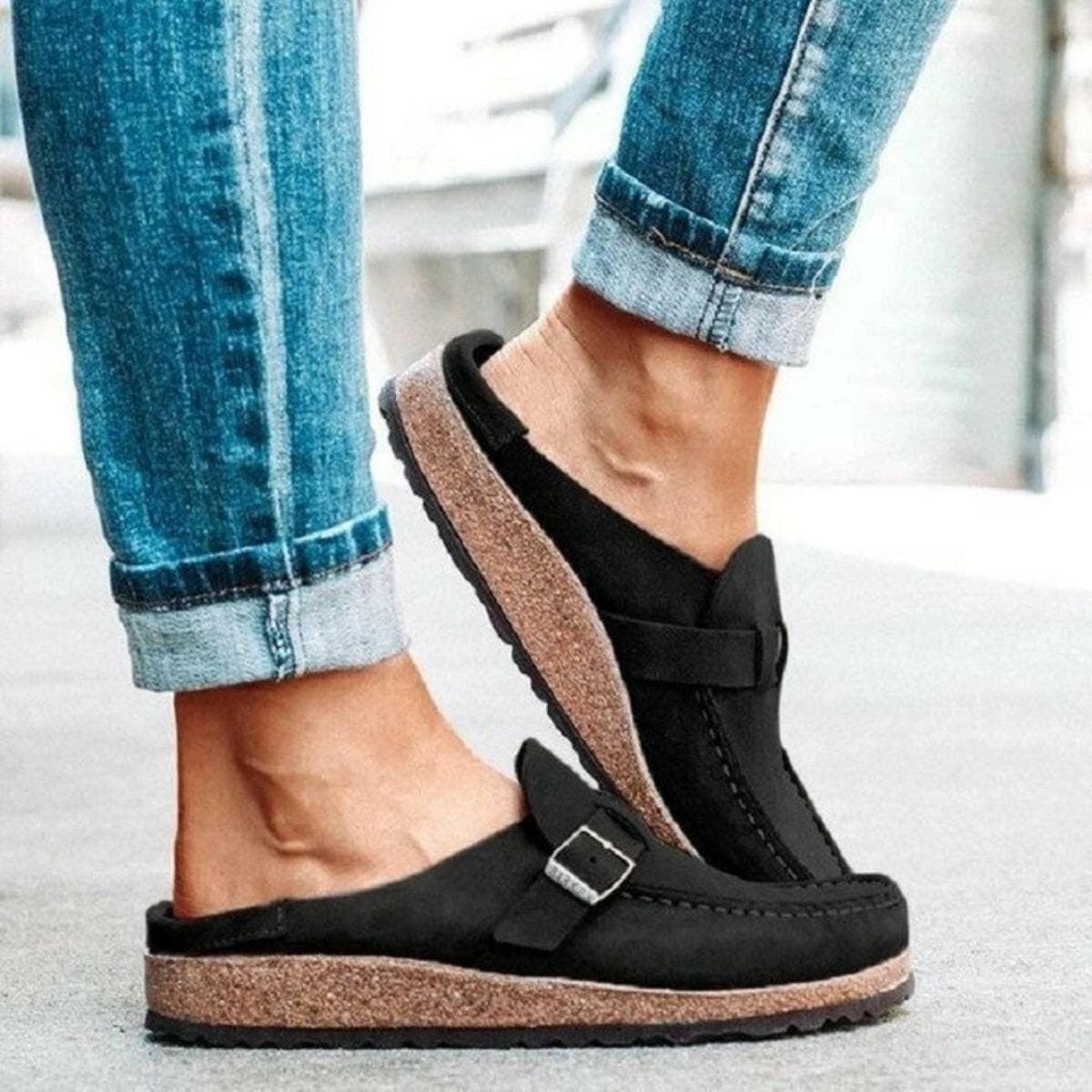 Round Toe Low Heel Buckle Loafers.