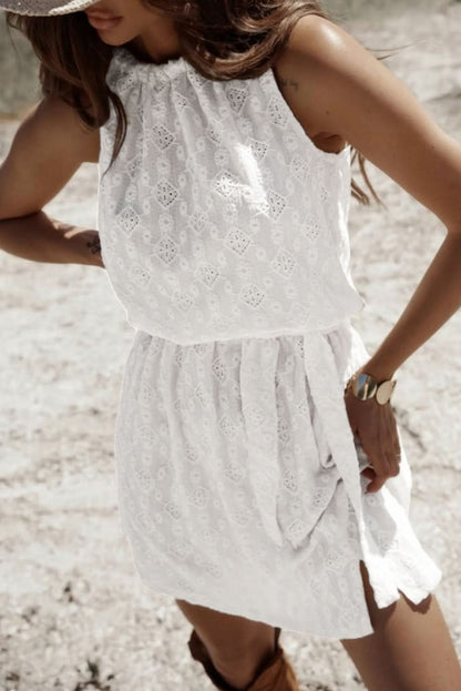 Elegant White Lace Mini Dress with Sleeveless Design and Back Knot Detail