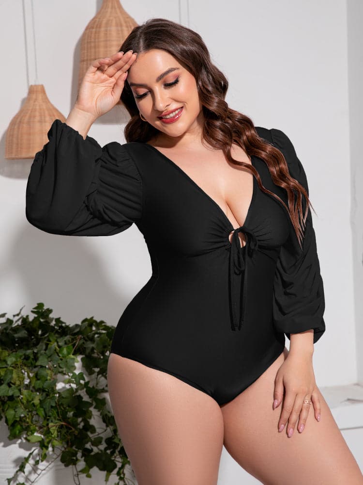 Plus Size Tied Deep V Balloon Sleeve One-Piece Swimsuit.