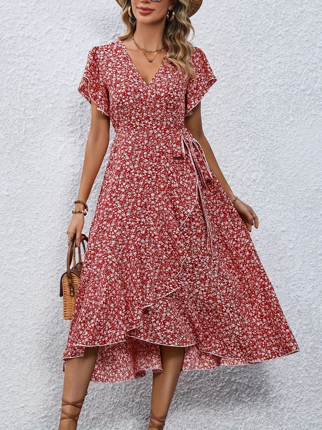 Printed Surplice Flutter Sleeve Midi Dress.