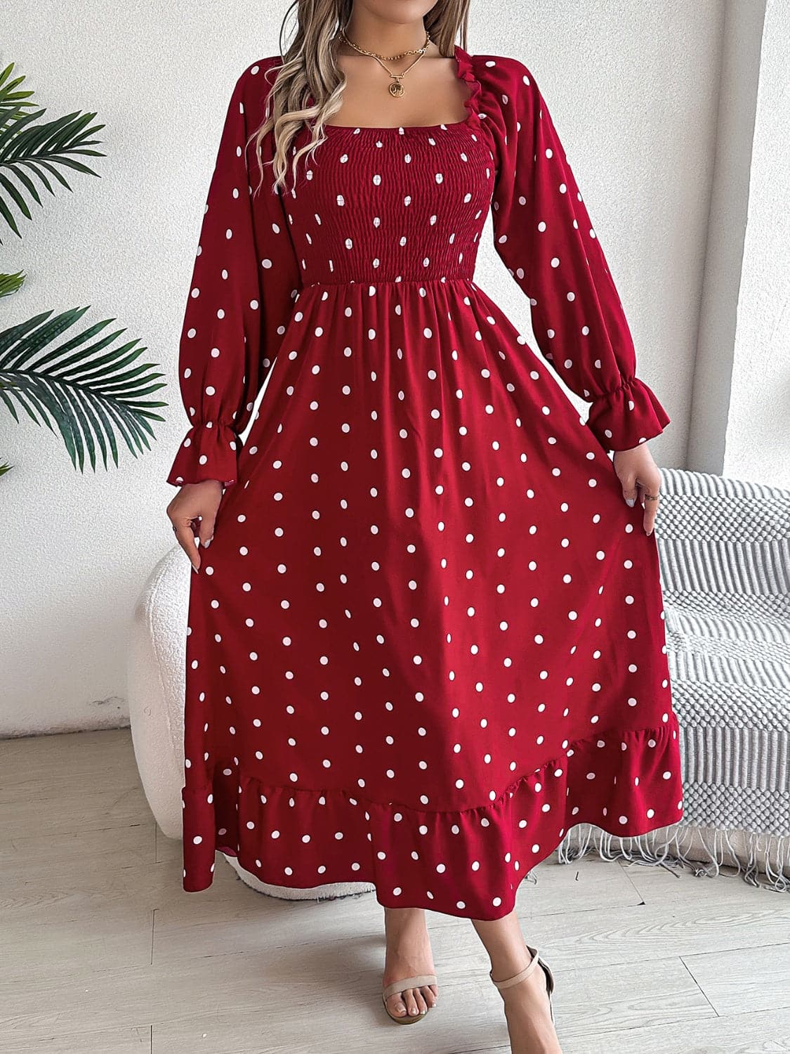 Polka Dot Flounce Sleeve Midi Dress.