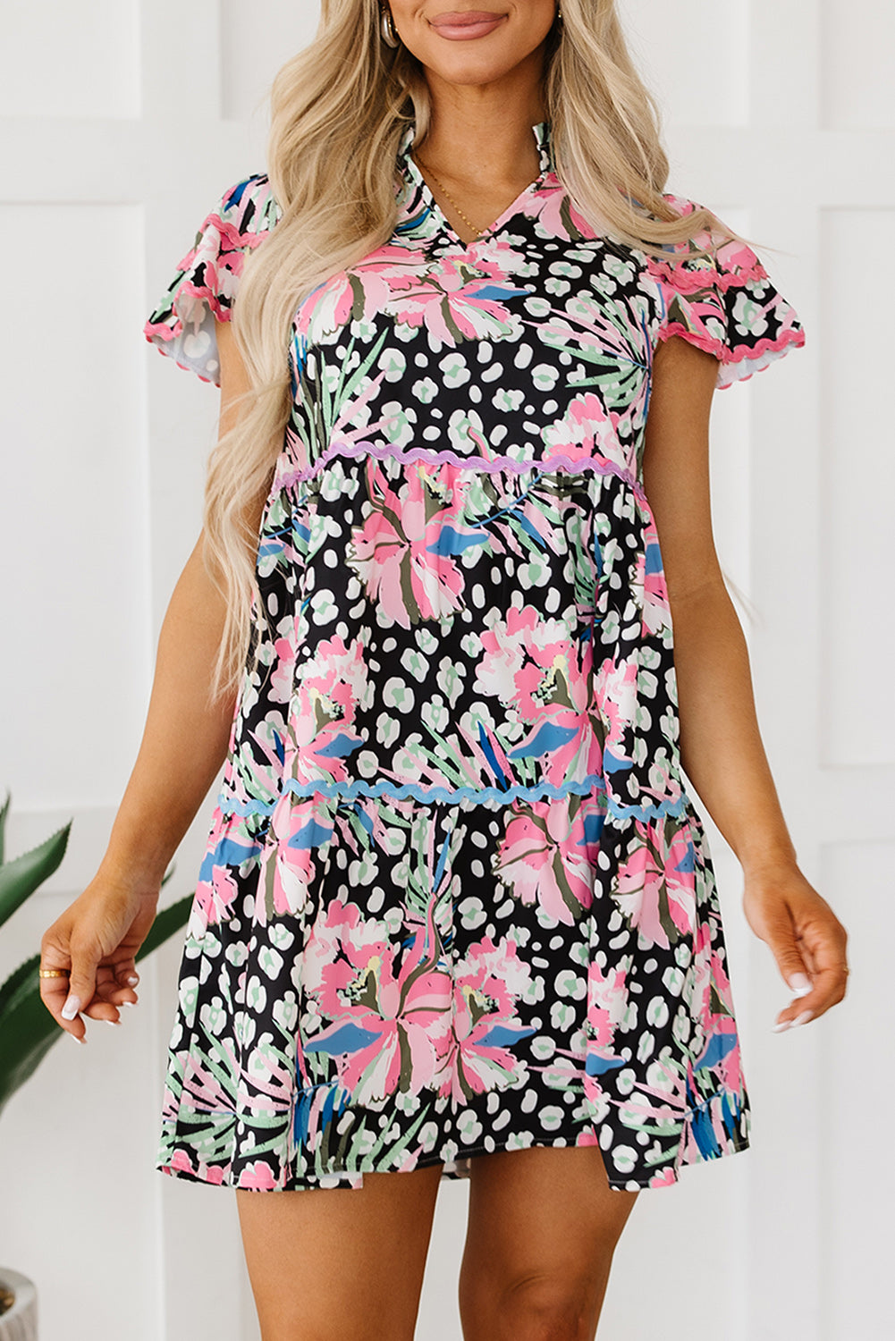 Charming Pink Floral Ricrac Embellished Tiered Mini Dress