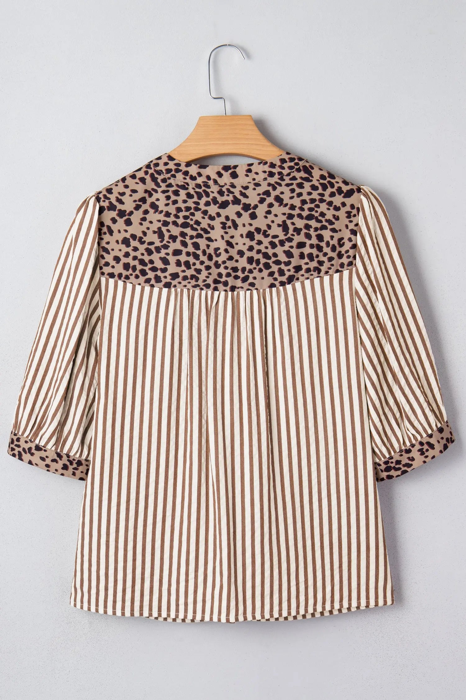 Brown Stripe Leopard Trim V Neck Button Down Half Sleeve Shirt Dear-Lover Dropshipping