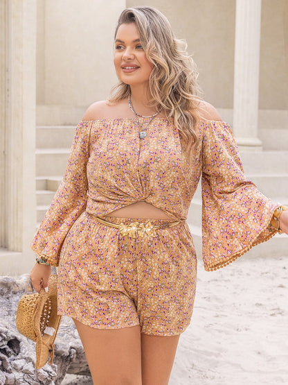 Plus Size Printed Off-Shoulder Top and Shorts Set.