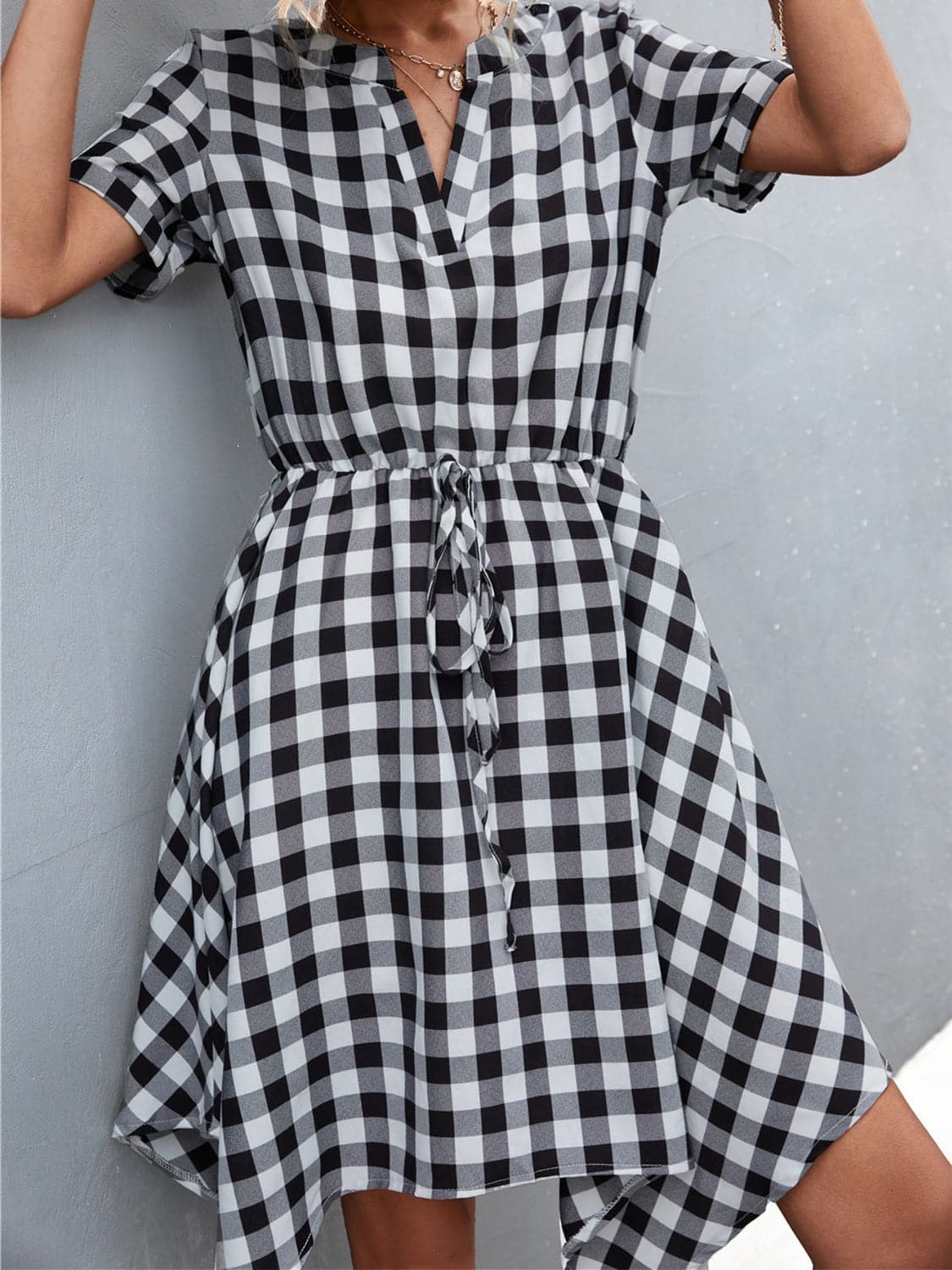 Plaid Notched Short Sleeve Dress.