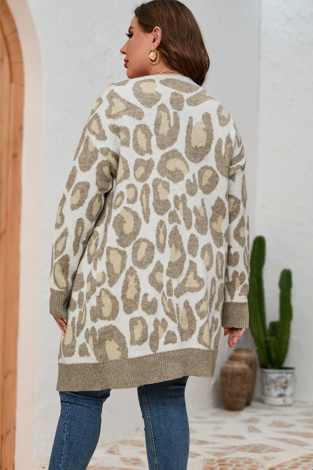 Chic beige plus size leopard print cardigan for effortless style