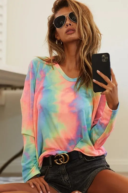 BiBi Tie Dye French Terry Long Sleeve Knit Top - Love Salve 