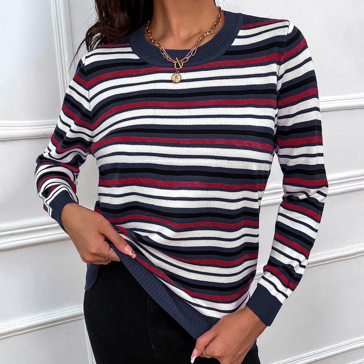 Striped Round Neck Long Sleeve Sweater.