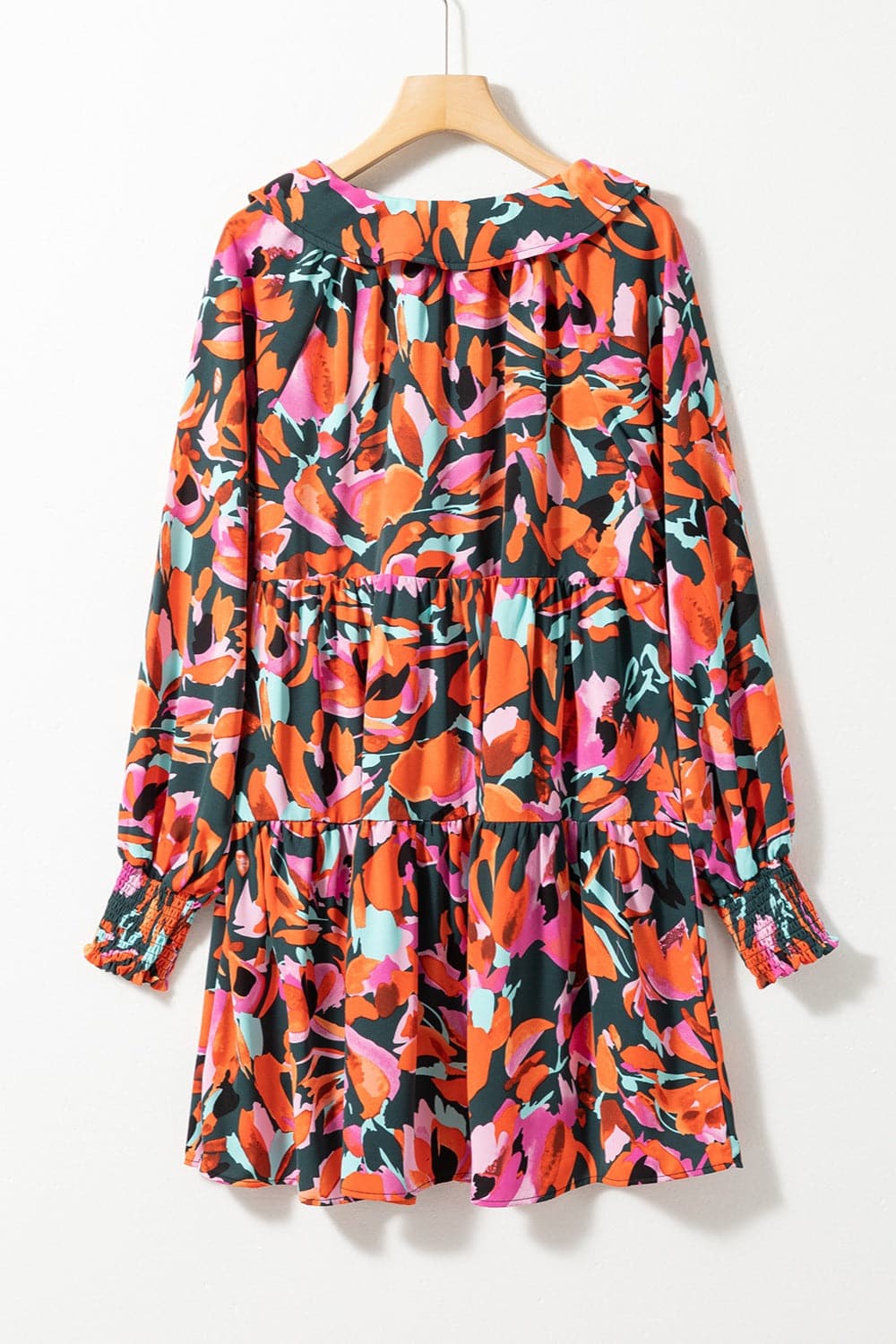 Printed Tie Neck Lantern Sleeve Mini Dress.