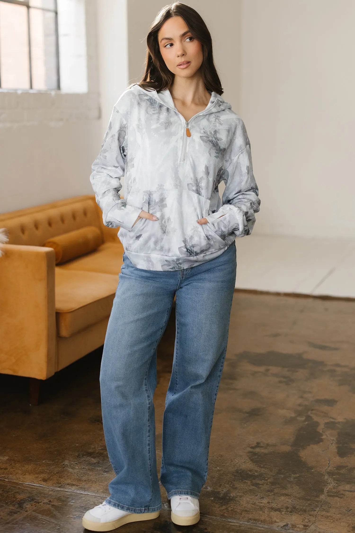 Gray Camo Leaf Print Kangaroo Pocket Quarter Zip Hoodie Dear-Lover Dropshipping