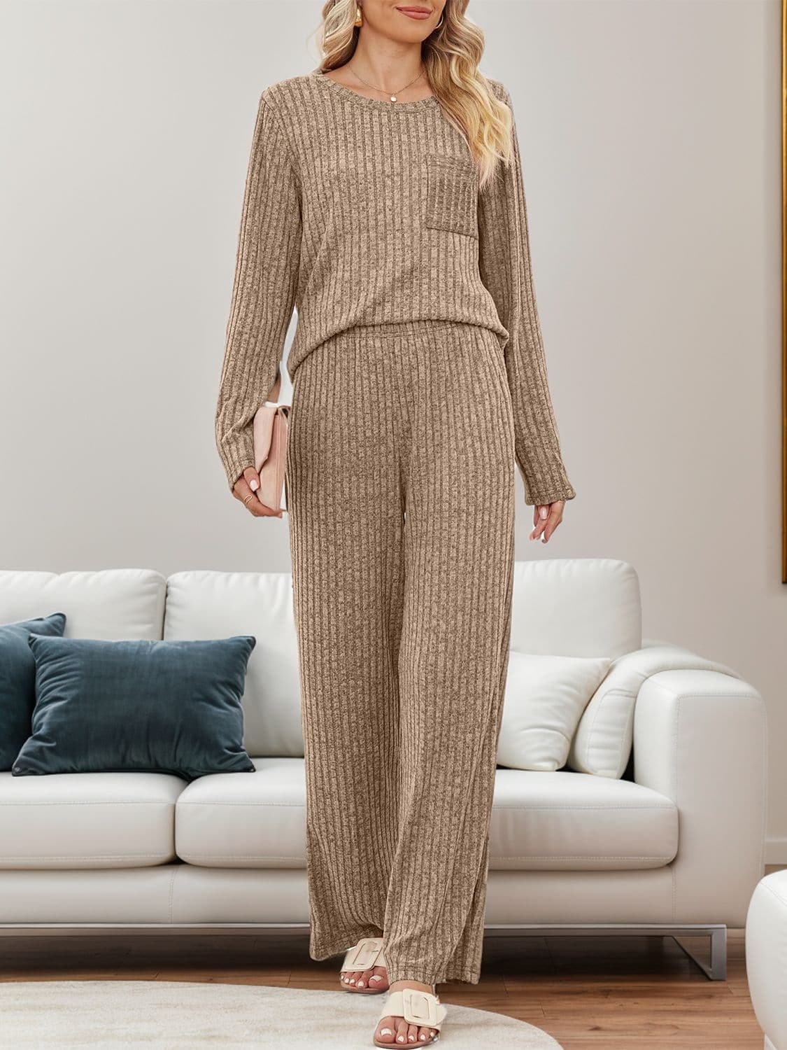 Cozy two-piece round neck top and pants ensemble