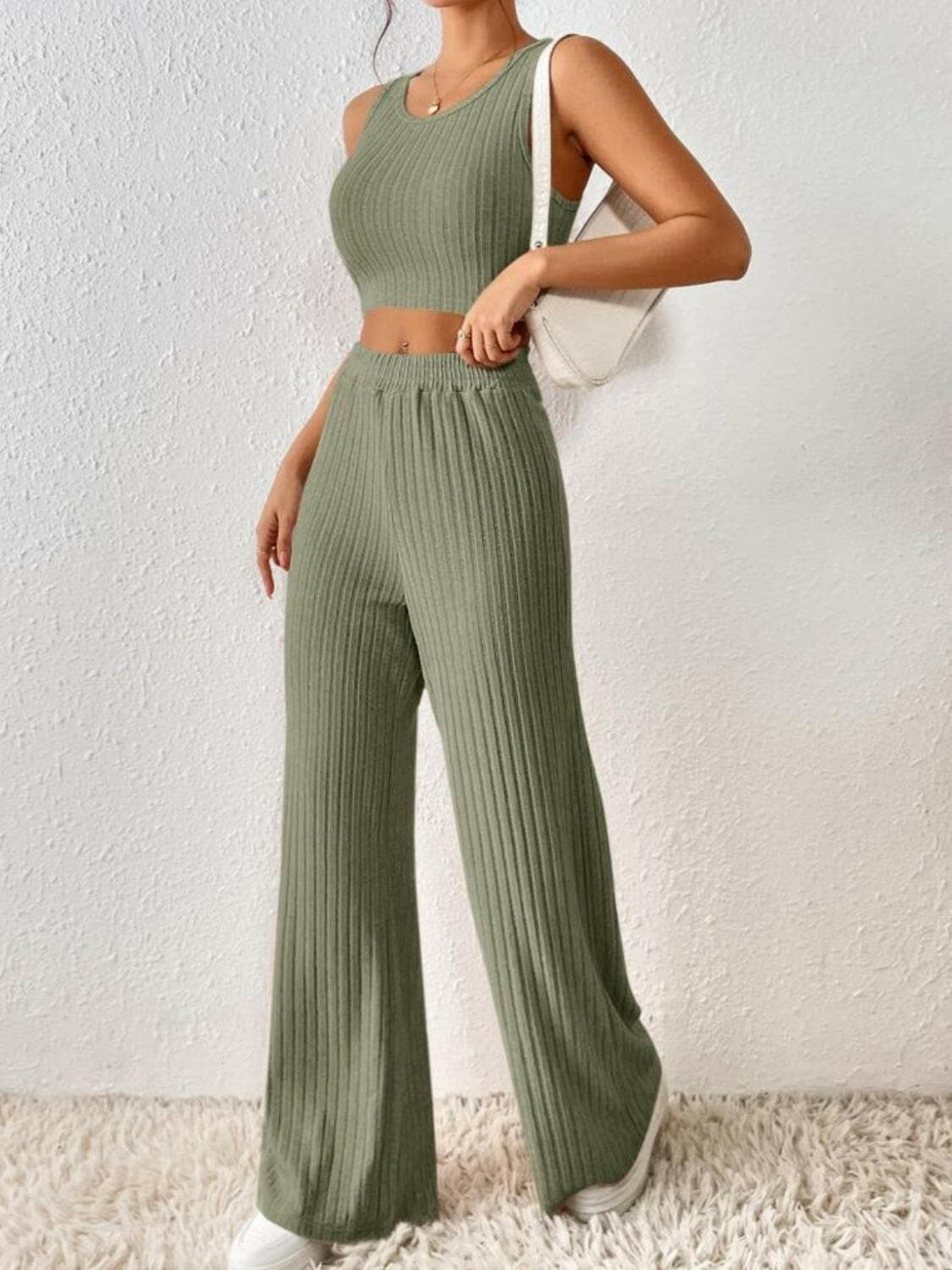 Ribbed Round Neck Tank and Pants Sweater Set.