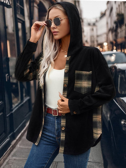 Hooded plaid shacket with pockets