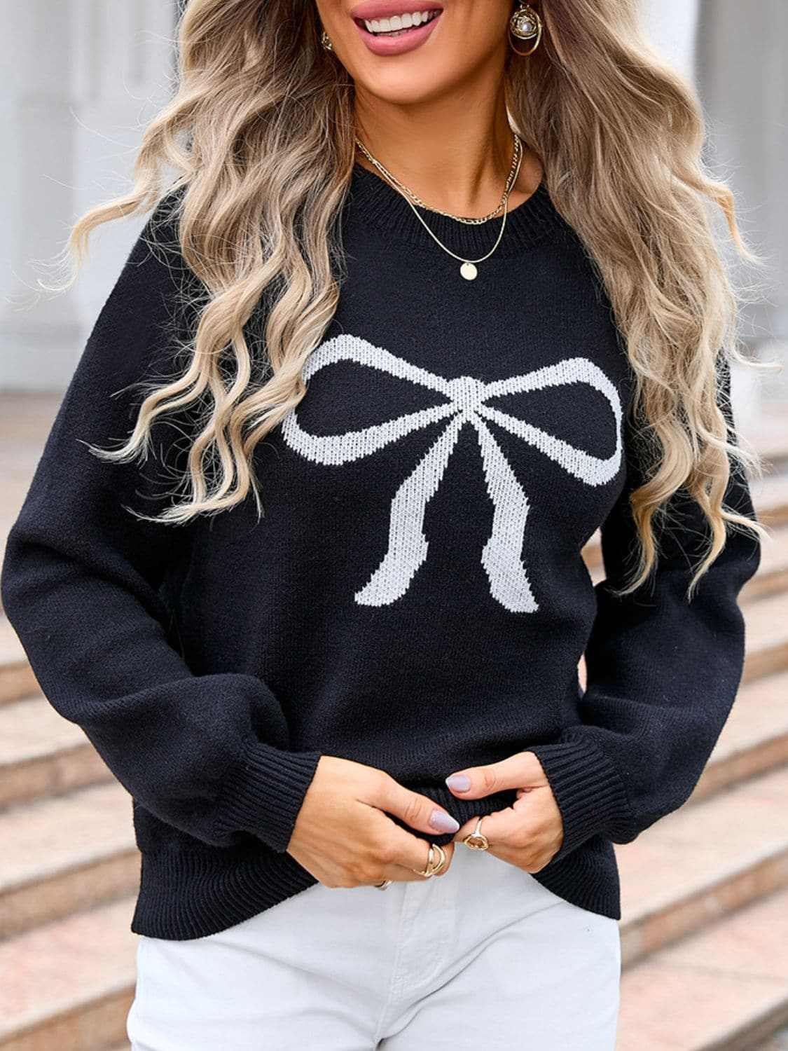 Charming bow print long sleeve sweater - Love Salve 