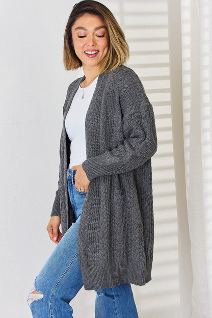 Cable-Knit Open Front Dropped Shoulder Cardigan.