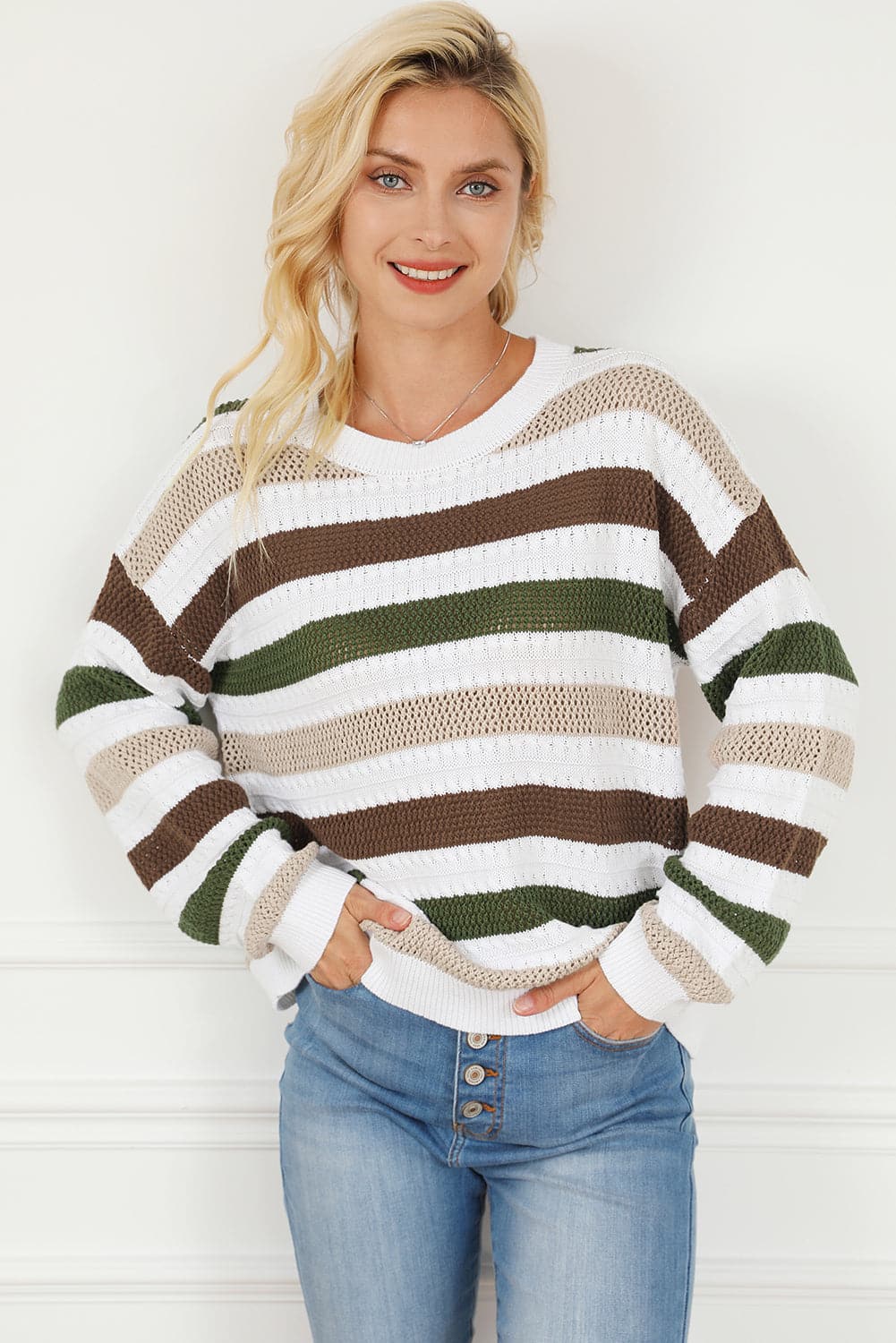 Striped Openwork Dropped Shoulder Sweater.