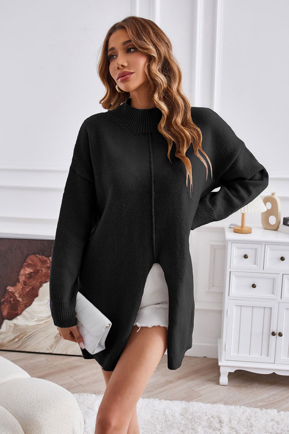 Exposed Seam Mock Neck Slit Sweater.