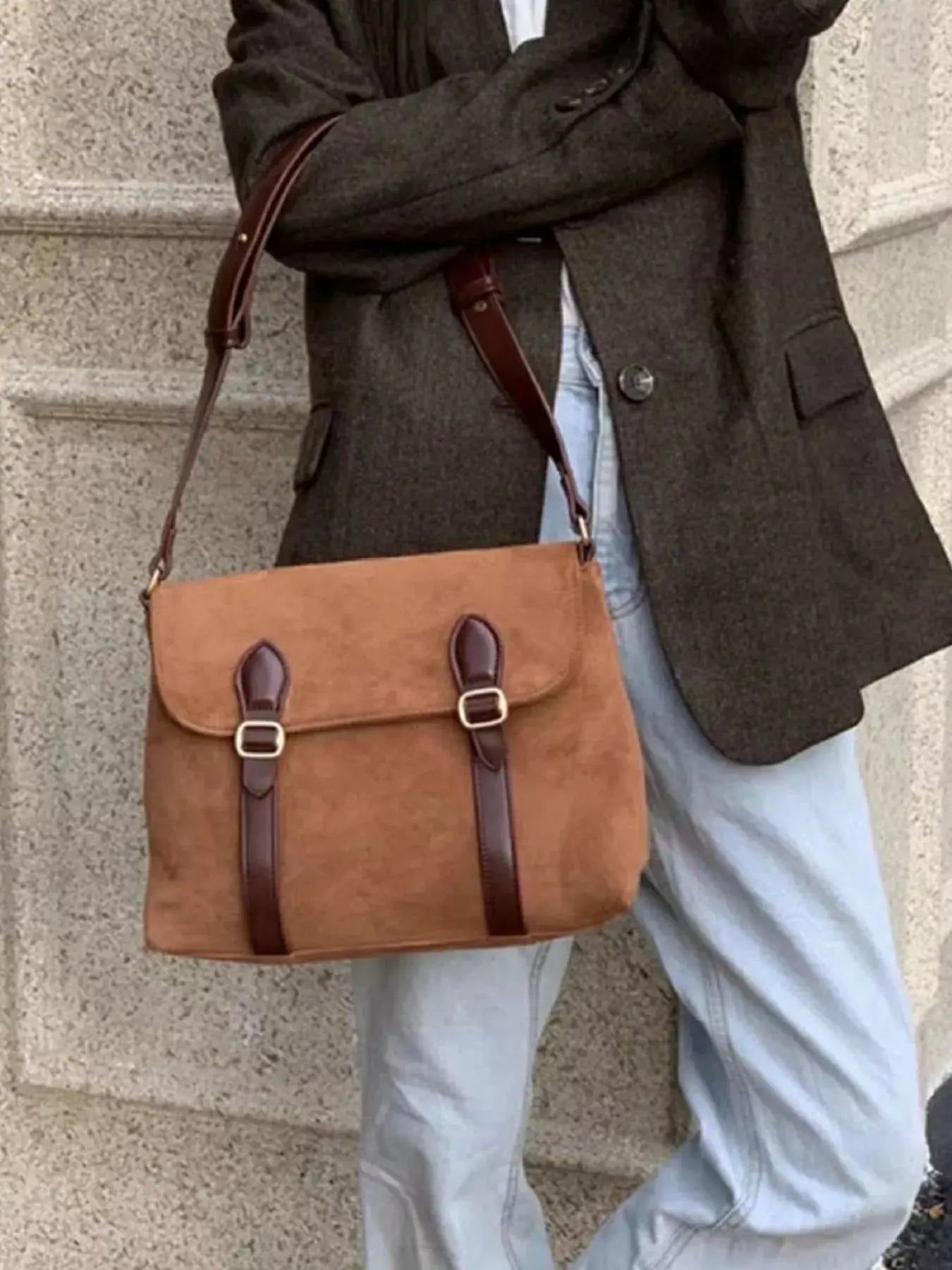 Tan Suede Double Buckle Crossbody Bag With Adjustable Straps Simply Love