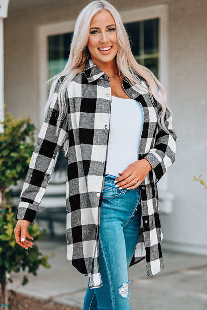 Black Turn-down Collar Plaid Shirt Coat