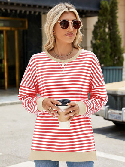 Slit Striped Round Neck Long Sleeve Sweatshirt.