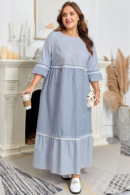 Sky Blue Stripe Crisscross Lace Patchwork Plus Size Dress