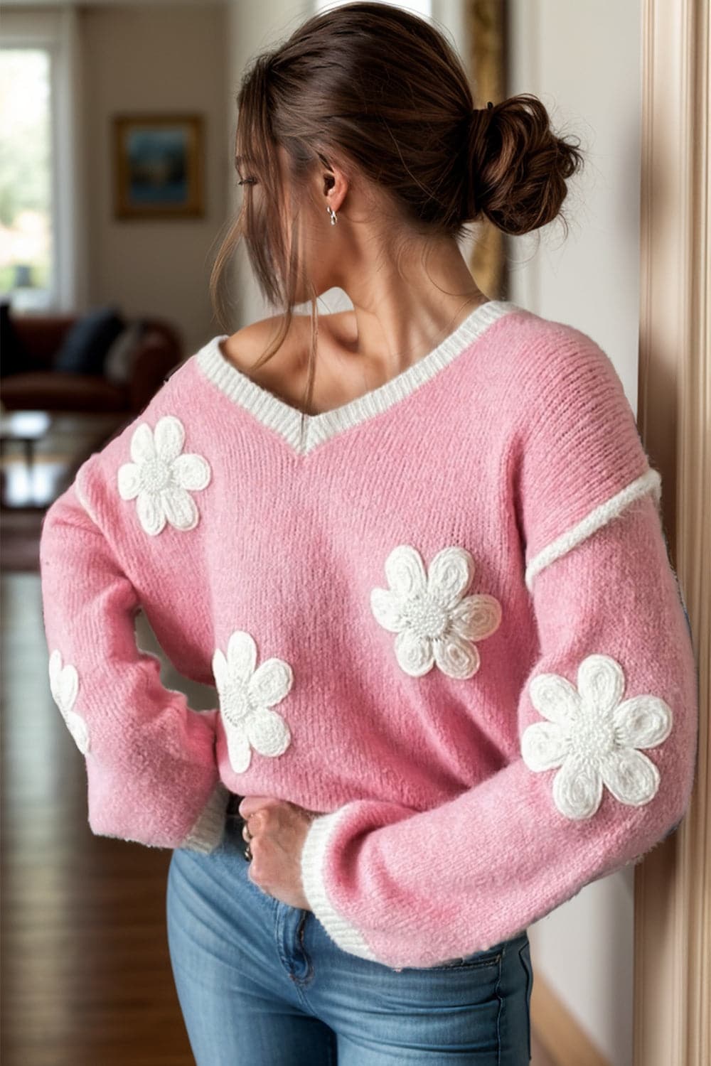 Flower V-Neck Dropped Shoulder Sweater.