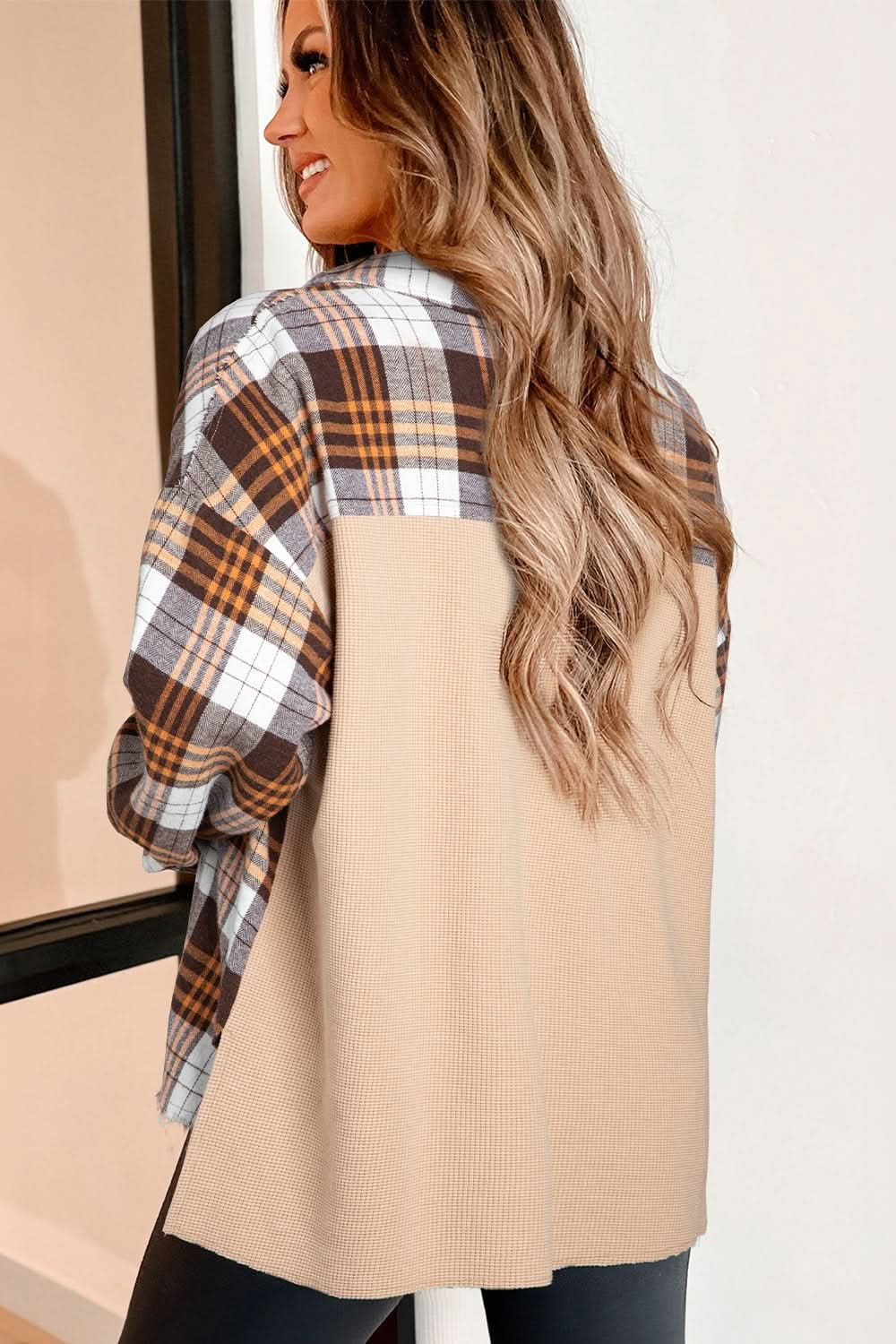 Checkered Long Sleeve Shacket with Pockets