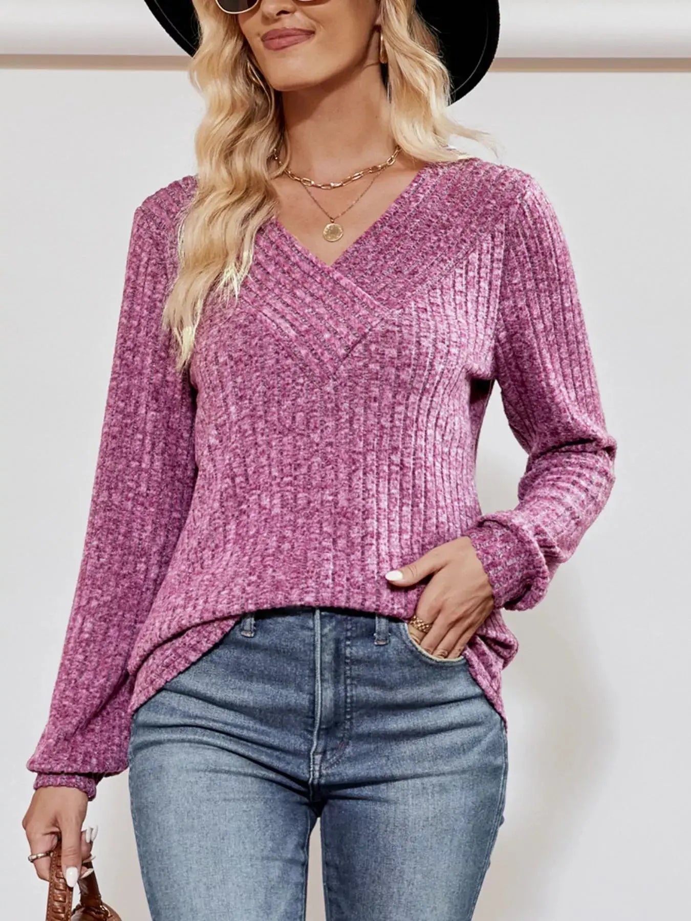 Ribbed Knit V-Neck Long Sleeve T-Shirt Simply Love
