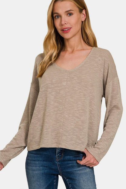 Zenana Dropped Shoulder Long Sleeve T-Shirt with chic design and loose fit.