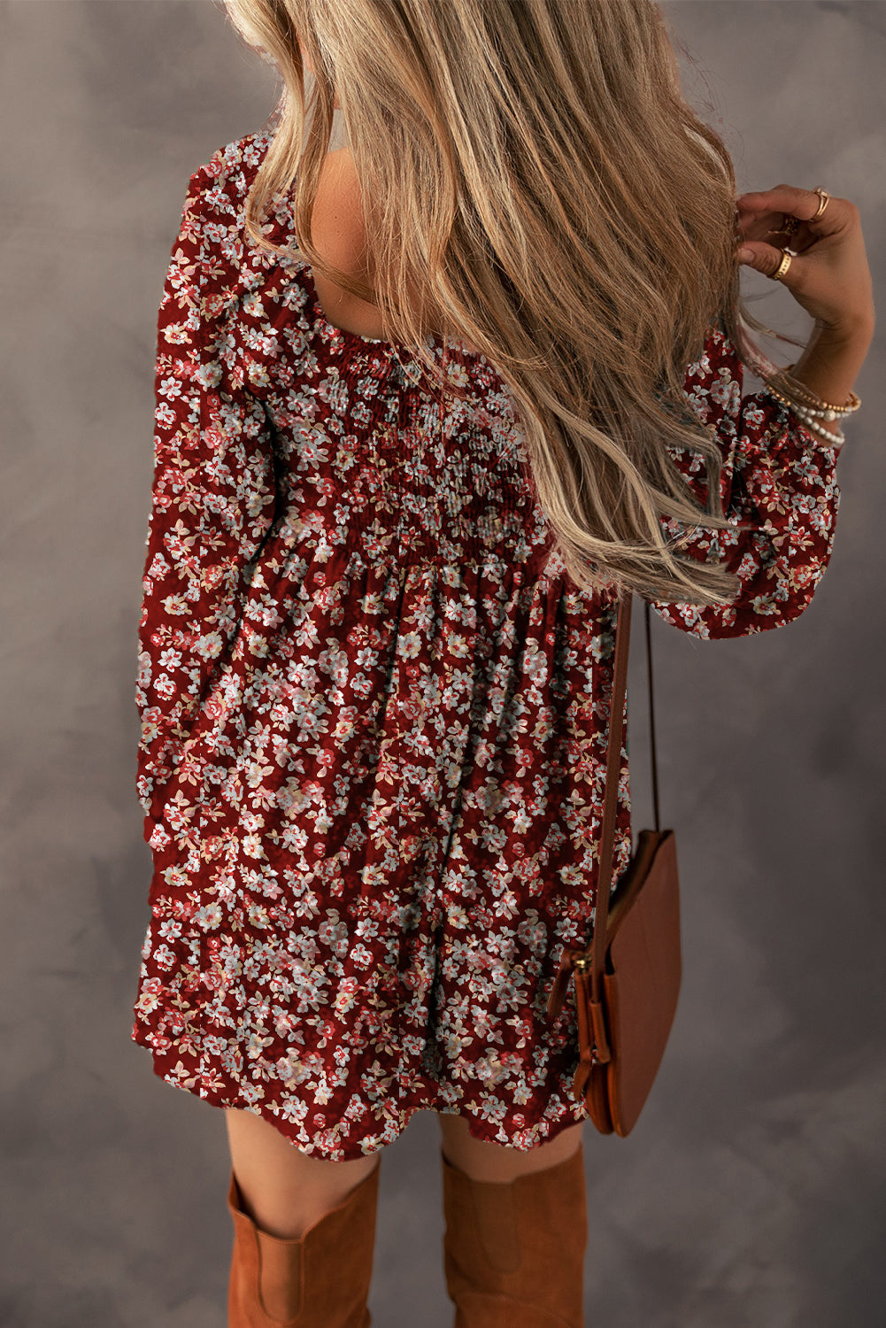 Charming red floral sweetheart mini dress with shirred back and bubble sleeves