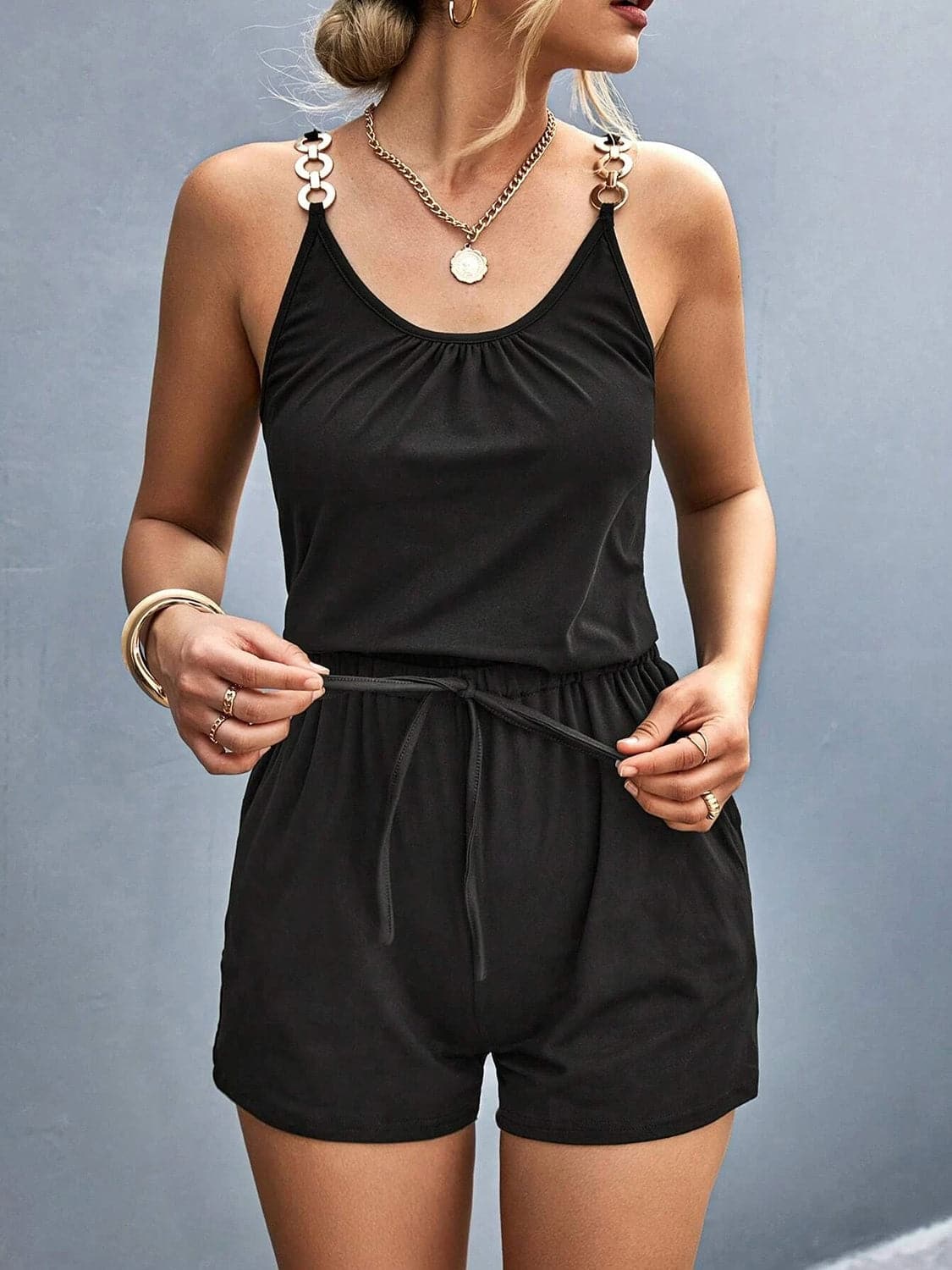 Pocketed Buckle Trim Scoop Neck Romper.