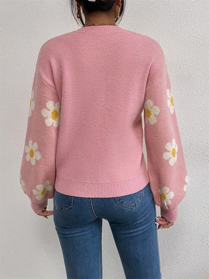 Flower Round Neck Latern Sleeve Sweater.