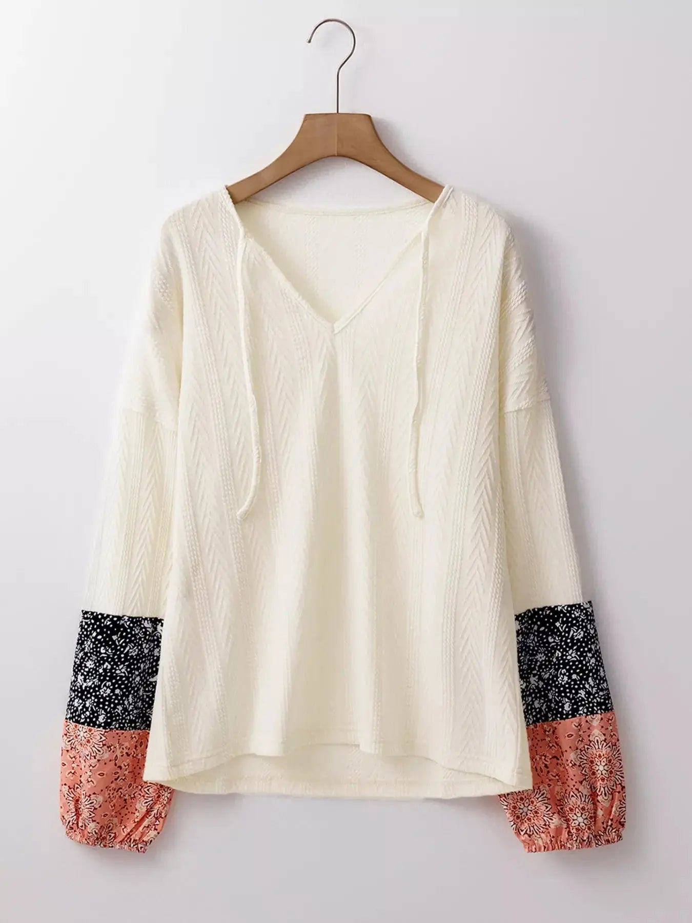 Floral Patchwork Textured Knit Drawstring V Neck Blouse Simply Love