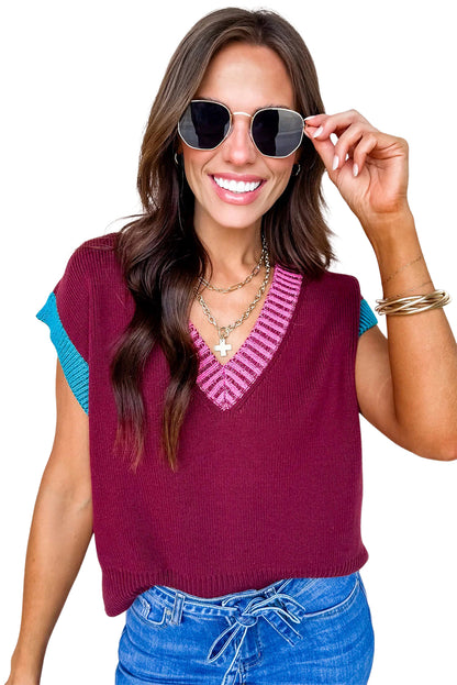 Burgundy Contrast Trim V Neck Short Sleeve Loose Sweater