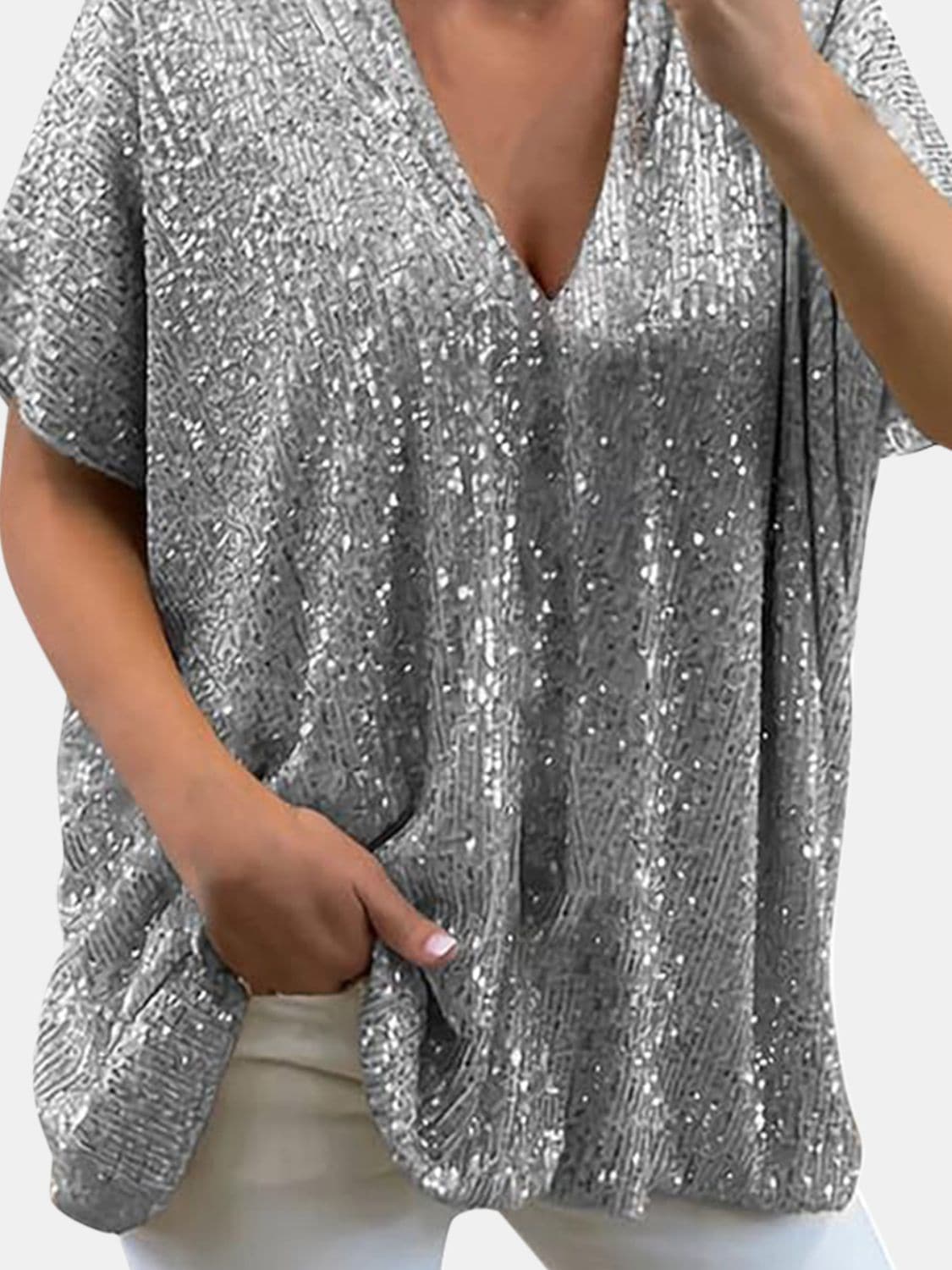 Full Size Sequin V-Neck Short Sleeve Top.