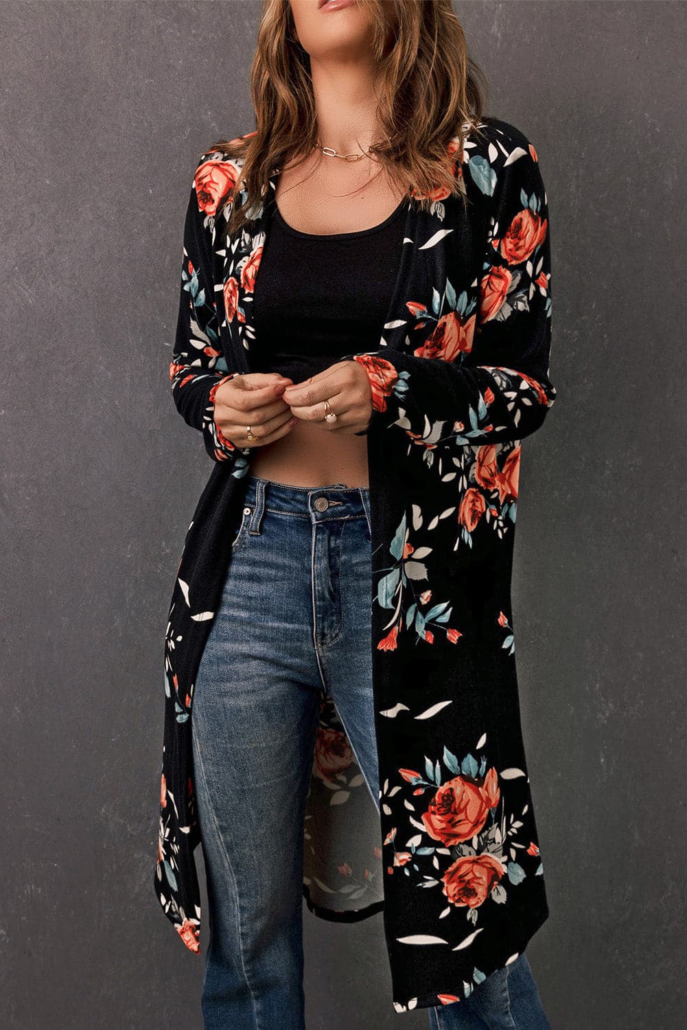 Double Take Printed Open Front Longline Cardigan.