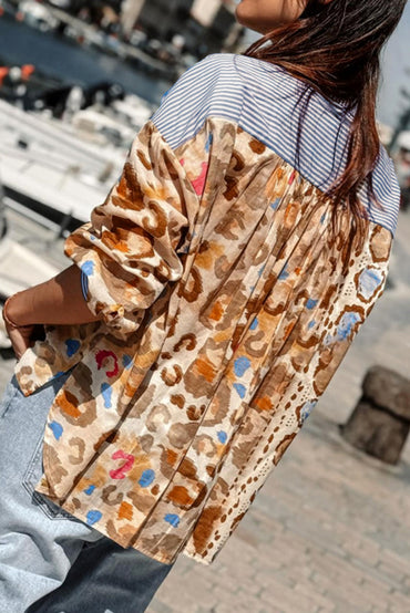 Vibrant leopard and striped patchwork V-neck shirt in light French beige