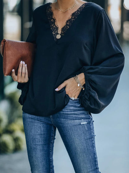 Lace Detail V-Neck Long Sleeve Blouse.