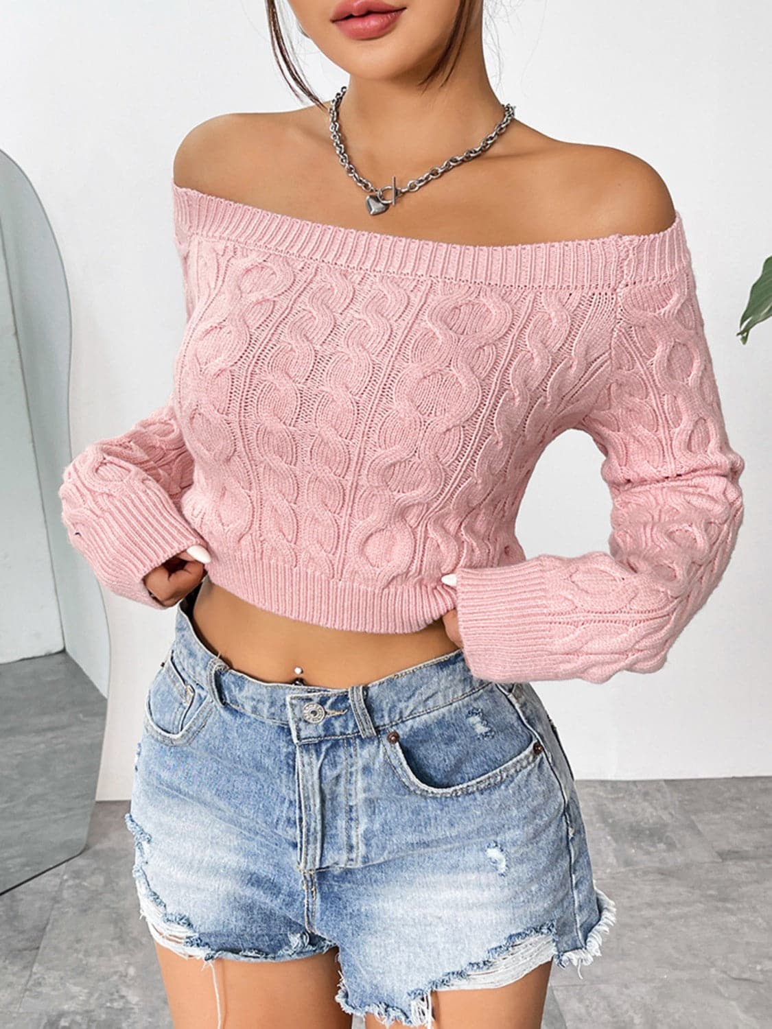 Cable-Knit Off-Shoulder Long Sleeve Knit Top.