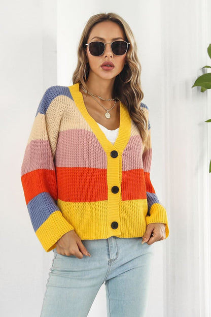 Color Block Button-Down Dropped Shoulder Cardigan.