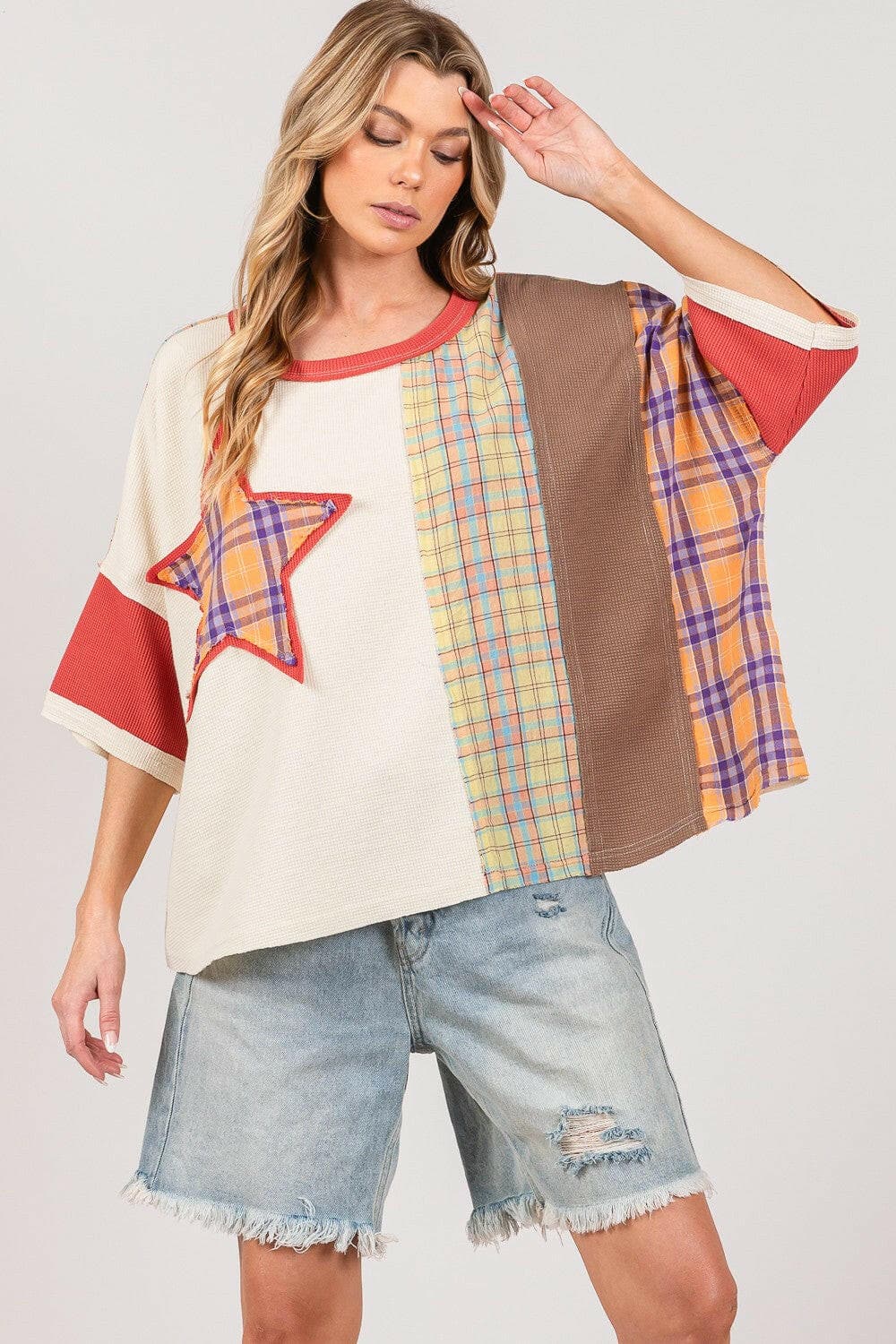 SAGE + FIG Round Neck Plaid Star Patch T-Shirt.