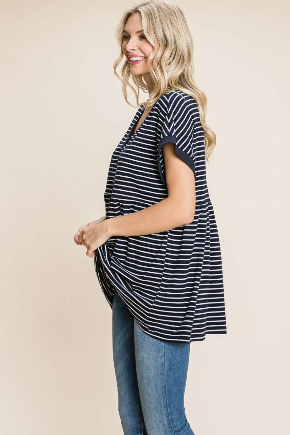 Cotton Bleu by Nu Label Striped Button Front Baby Doll TopCotton Bleu by Nu Label Striped Button Front Baby Doll Top
 Elevate your wardrobe with the Cotton Bleu Striped Button Front Baby Doll Top, where classic charm meets Love Salve Nu Label Striped Button Front Baby Doll Topjust arrived