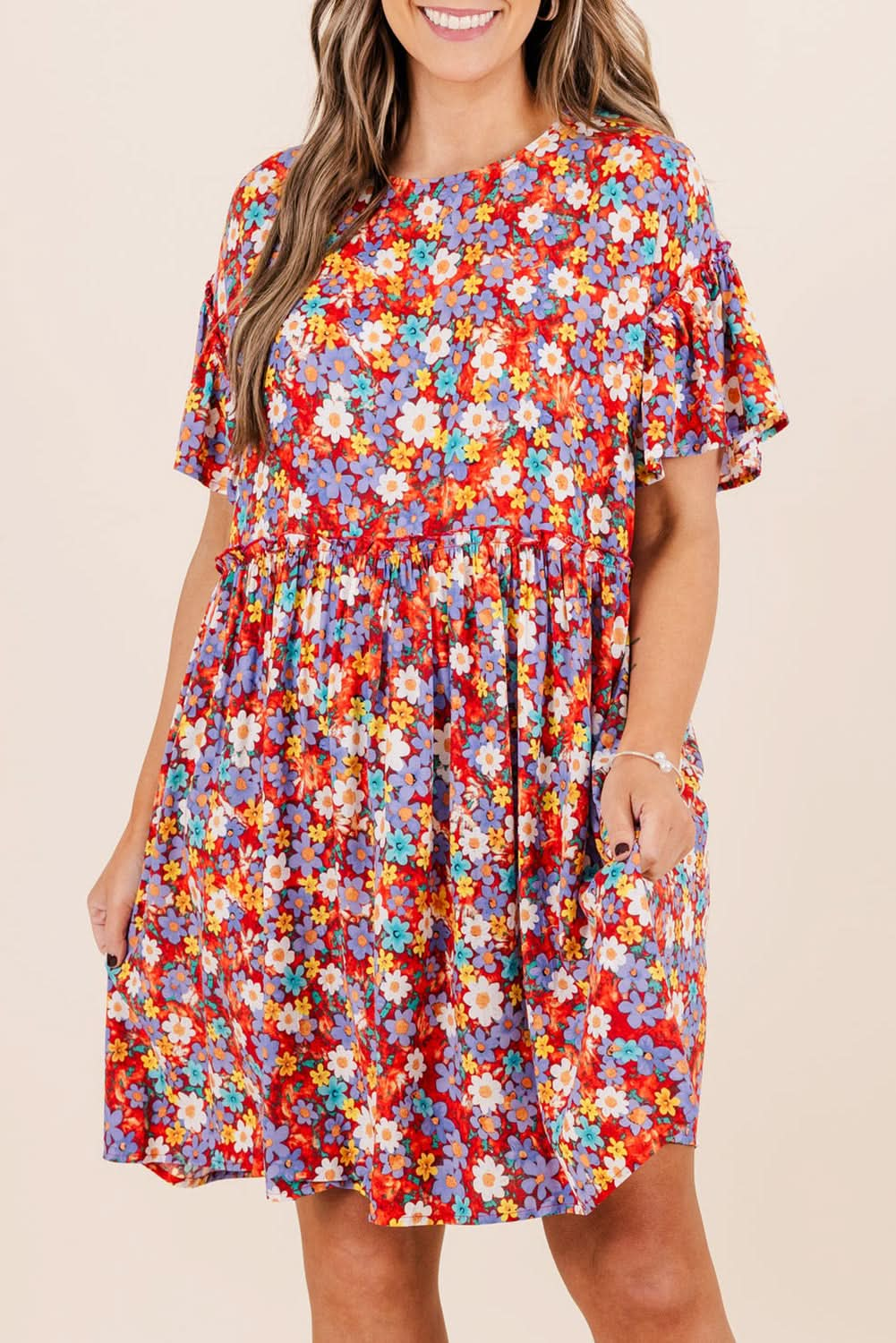 Floral Fantasy Plus Size Shift Dress with Short Ruffle Sleeves